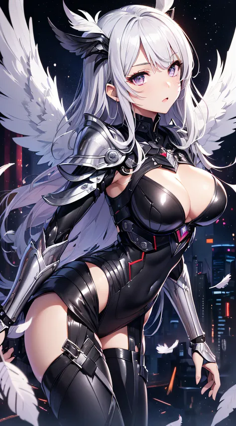 top-quality、Top image quality、​masterpiece、girl with((Silver and black mechanical body armor、silver mechanical arm、silver leg arms、Shining red body line、sixteen years old、teen ager、cute little、Best Bust、big bast,Beautiful shining purple eyes、Breasts wide o...