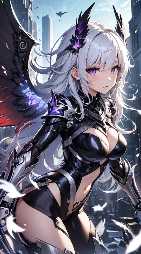 top-quality、Top image quality、​masterpiece、girl with((Silver and black mechanical body armor、silver mechanical arm、silver leg arms、Shining red body line、sixteen years old、teen ager、cute little、Best Bust、big bast,Beautiful shining purple eyes、Breasts wide o...