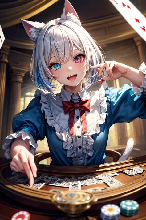 Top quality, high resolution, perfect human anatomy, background focus, front view, seven-color hair, glowing hair, cat ears, heterochromia, teeth, shiny hair, playing cards, forest, Alice in Wonderland, playing card costume, gradient eyes,