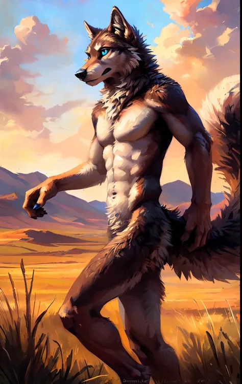 ((Solo)), male people, anthro wolf, (Multi-colored fur, White-brown:1.3，White tail pointed), (Height 2.1m,Tail length 1.5m), ((Wolf face, Big eyes, White eyelids, Blue pupil, Slim:1.2) (Tough, Calm expression:1.2)), Abs, Slim, pinging)), (Correct anatomy),...