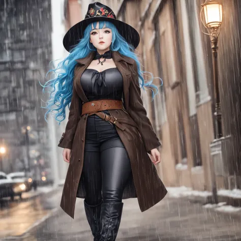 anime is a young woman with blue hair, olhos azuis escuros, fair skin and a curvy figure.wears a dark match, Russian style hat, estilizado com um clip borboleta de cor clara, o que, em si, It&#39;s attached to the fur trim decorate your hat. Complete your ...