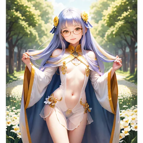 Transparent hair、hime-cut、Golden Eyes、eye glasses、ssmile、early teenage girls、flat chest、Thin pubic hair、Beautiful open legs、robe、flower  field