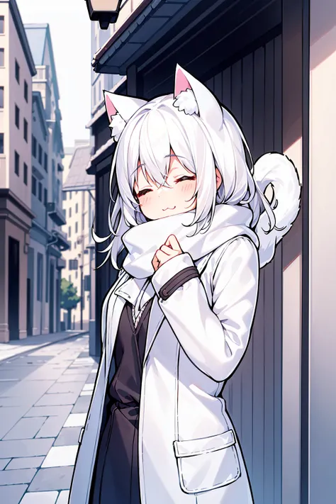 masterpiece, best quality, 1girl, white hair, medium hair, cat ears, closed eyes, looking at viewer, :3, cute, scarf, jacket, outdoors, streets,