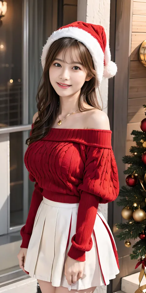 top-quality、Top image quality、​masterpiece、fully body photo、25 years old women, Dark brown wavy middle hair、bangss、Santa Claus Cosplay、red and white knit hat、red and white off shoulder sweater, Puffy nipple、soft boob、red and white flared skirt、Medium milk,...