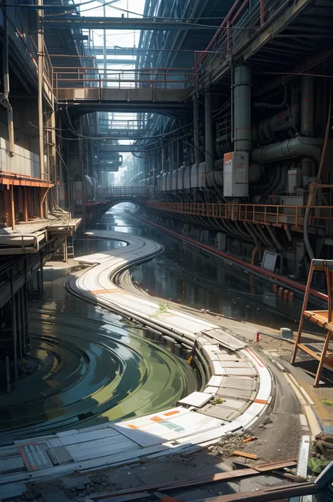 a bunch of pipes that are next to a body of water, by Hiroyuki Tajima, deviantart, digital art, the infrastructure of humanity, oil lines, amazing depth