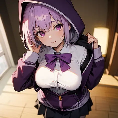 akaneshinjou, shinjou akane, light purple hair, (pink eyes:1.2), short hair,
BREAK black pantyhose, bow, collared shirt, hood, hooded jacket, jacket, open clothes, open jacket, open shirt, pantyhose, purple bow, purple jacket, school uniform, shirt, sleeve...