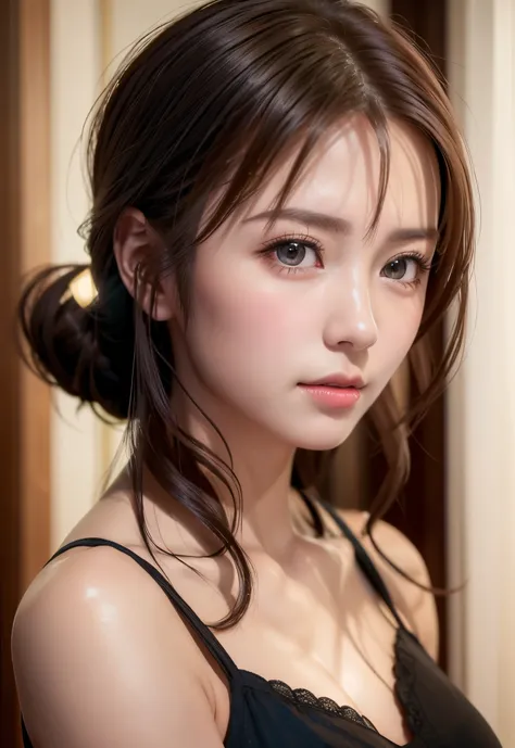 8K, of the highest quality, masutepiece:1.2), (Realistic, Photorealsitic:1.37), of the highest quality, masutepiece, Beautiful young woman, Pensive expression, Gentle eyes, sexy camisole、Hair tied back, Cinematic background,  Light skin tone