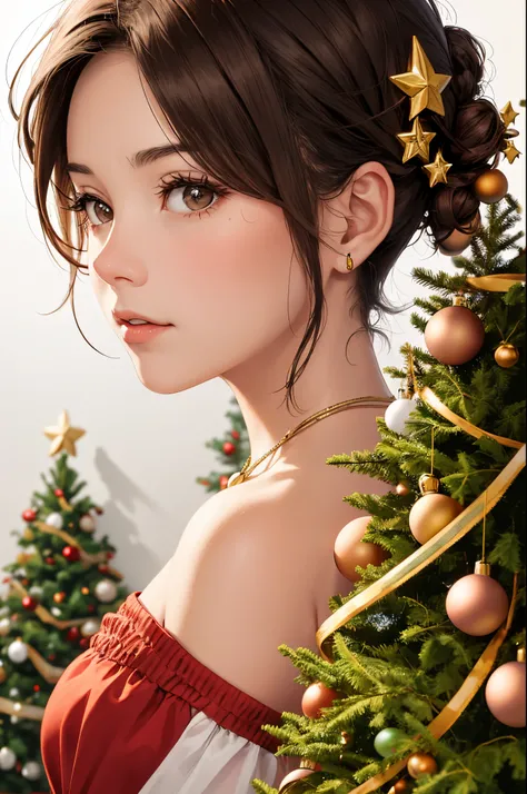 woman short hair brown eyes, Christmas tree decoration