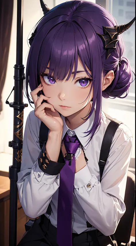 masterpiece, high quality, character concept art, close up photo, portrait, (detailed face, detailed eyes, detailed body:1.3), ARKNIGHTS, sci-fi knights, young girl, anthro, flat chest, purple hair color, hair bun haircut, oni demon features, (oni demon ho...