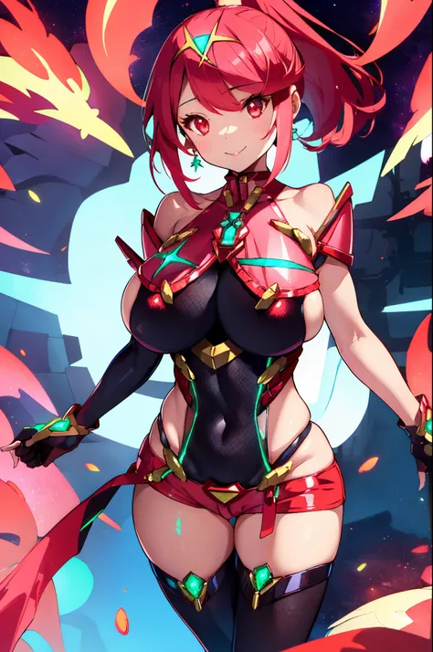 pyra (xenoblade), teen_1girl, loli, bangs, black gloves, breasts, red eyes, shout, earrings, eyelashes, fingerless gloves, floating hair, , gem, gloves, hair ornament, headpiece, jewelry, gigantic_breasts, leaning back, swimsuit, neon trim, official art, p...