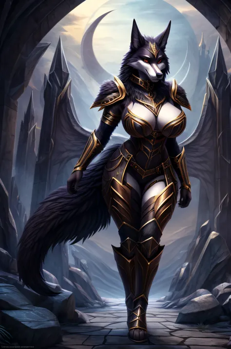 anthropomorphic hell hound,full body,female,large breasts,wide hips,sexy,striking pose,seductive gaze,fantasy art style,(best quality,4k,8k,highres,masterpiece:1.2),alluring curves,detailed fur, armor