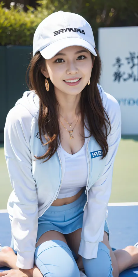 top-quality、Top image quality、​masterpiece、25 year old female tennis coach, black middle wavy hair、Puffy nipple、Tennis Wear、(white long inner shirt)、Light blue pants、light pink long sleeve hoodie、Medium milk, soft boob、sitting down on the floor、((all-fours...