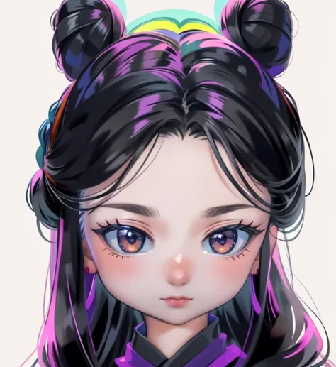 Double buns hair style, (masterpiece, top quality, best quality, official art, beautiful and aesthetic:1.2), (1girl:1.3), extreme detailed,(fractal art:1.3),colorful,highest detailed, full black eyes, small nose, small mouth, closed mouth