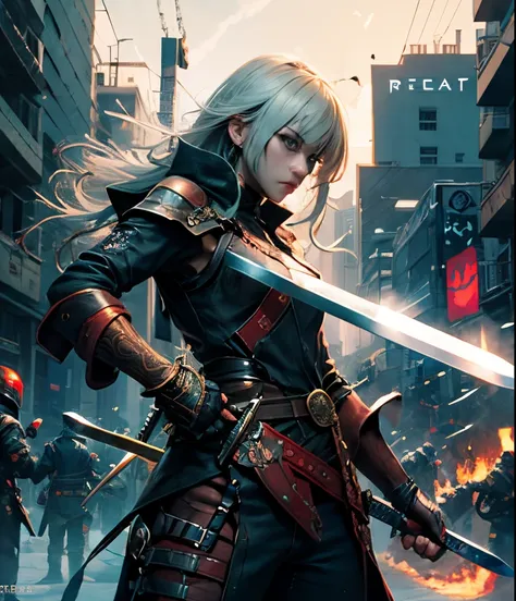 Guweiz, serious face, sword, battle zone