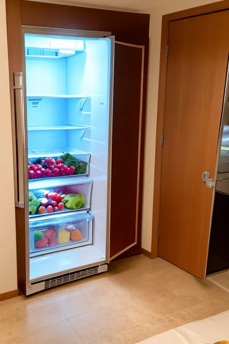 King-size refrigerator, Open Doors, Fresh fruits vegetables juices, and ice cream. perfect camera angle from the front, first person perspective, a professionally captured image, lifestyle, ultrarealistic, 8k, finest quality.