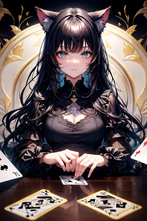 Top quality, high resolution, perfect human structure, background focus, front view, glowing hair, cat ears, black hair, cards, playing cards, clover, bright, gradient eyes, swept bangs,