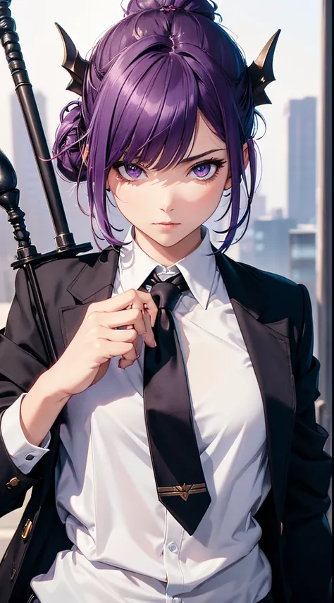 masterpiece, high quality, character concept art, close up photo, portrait, (detailed face, detailed eyes, detailed body:1.3), ARKNIGHTS, sci-fi knights, young girl, anthro, flat chest, purple hair color, hair bun haircut, oni demon features, (oni demon ho...