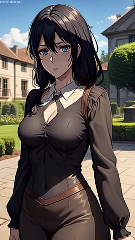 Long black hair,black colour suit and black shirt, perfect sized boobs, standing,blue colour eyes,ultra realistic detailed blue eyes, beautiful and perfect face, sunlight and garden background, Violet Evergardens hairstyle, black hair