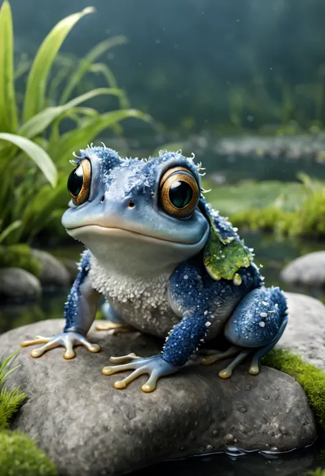 johan potma style, "(best quality, ultra-detailed, realistic:1.37),(( baby frog)),cute monster (woolly), large tities, expressiv...