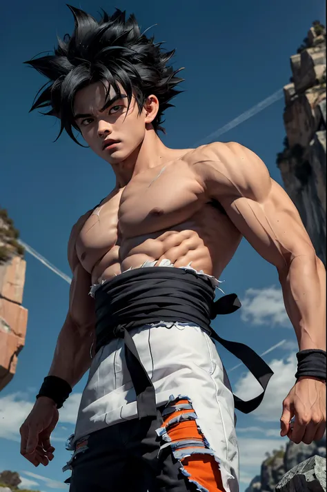 son goku, 1boy, closed mouth, male focus, muscular, muscular male, rock, sash, serious, solo, spiked hair, topless male, torn clothes, ultra instinct, black eyes, black hair, ((masterpiece))