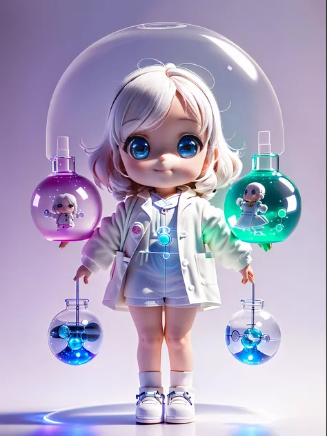 Super cute girl full body 3d drawing, 1 pc, good looking eyes, big eyes, cute, happy, c4d, pop matt blind box, glowing bubble, toy, solid color background, chibi, fluorescent translucency, luminescence, kawaii, doll, ((((scientist, white lab coat))), refer...