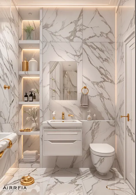 arafed bathroom with a toilet, sink, and a mirror, modern bathroom, white marble walls, made of all white ceramic tiles, exquisite marble details, premium bathroom design, pristine and clean design, all marble, modern look, in bathroom, extremely luminous ...