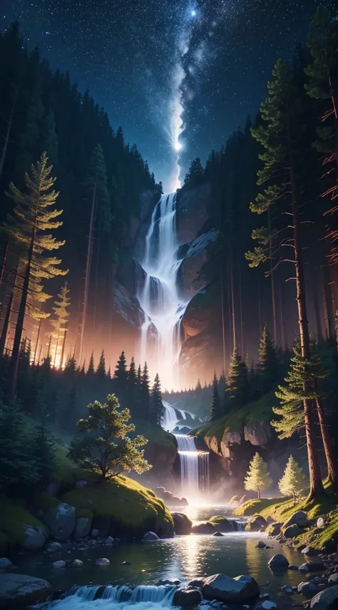 8k ultra realistic detailed pictures, forest and waterfall,sky full of stars, beautiful night,full moon