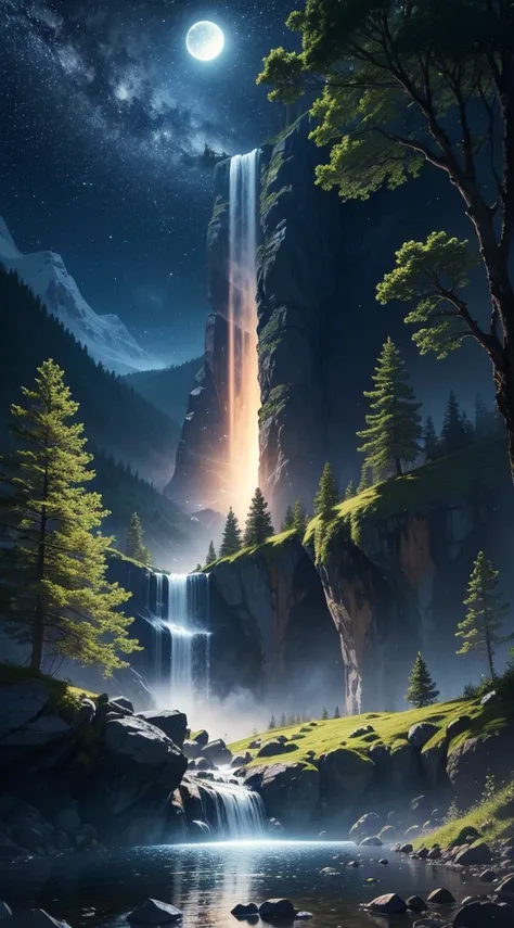 8k ultra realistic detailed pictures, forest and waterfall,sky full of stars, beautiful night,full moon