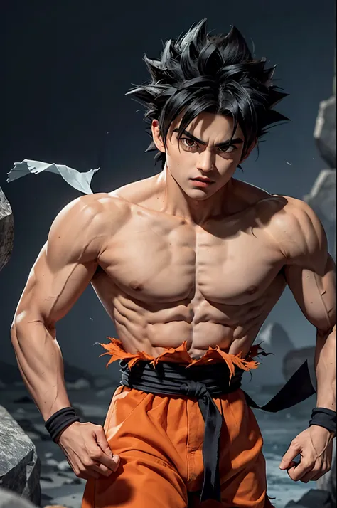 son goku, 1boy, closed mouth, male focus, muscular, muscular male, rock, sash, serious, solo, spiked hair, topless male, torn clothes, ultra instinct, black eyes, black hair, ((masterpiece))