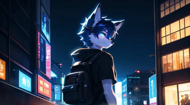 （cyber punk perssonage）Dark blue fur fox innocent face city night scene black glowing T-shirt backpack beautiful light and shadow、ambient lights、Ultra-fine fur、volumettic light