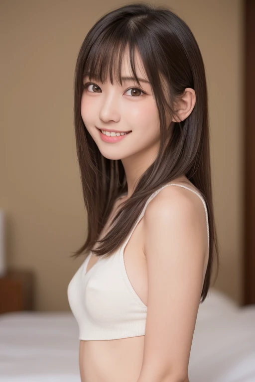 masutepiece, Best Quality, One girl, (Beautiful Girl:1.3), (16 years old:1.2), Very fine eye definition, (Symmetrical eyes:1.3), NSFW, (Put out naked, Cute sleeveless:1.3), Beautiful breasts, Brown eyes, Parted bangs, Brown hair, Upper teeth,Bedrooms,A smi...