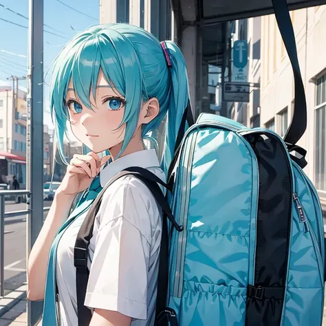 miku hatsune,10yaers old,a school bag,School route,Looks Back,Beautiful