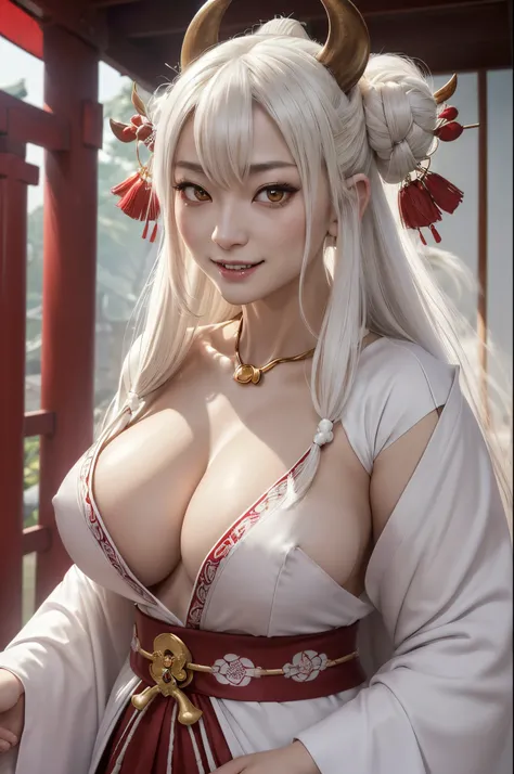 NSFW、blacklight、Real Art、very delicate and beautiful mature inugami milf、ultra-definition、1 milf、Canine ears,white  hair、personification of dog god、Brave、Beautiful smile、Japanese red and white shrine maiden costume,(((The Monster、Mooki、Maniacal))Glowing go...