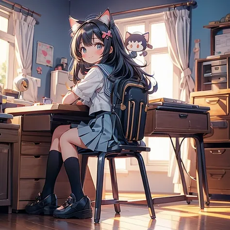 best quality, girl, (loli), kawaii, long hair, light smile, ((small breasts)), (pleated_skirt), looking back, sitting, seifuku, full body, cat ear, junior school student, black socks, exposing her chest,