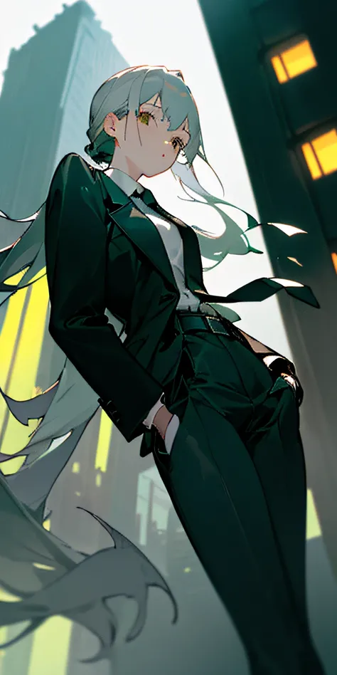 (masterpiece, best quality),(((from below, depth of field, dutch angle, green lighting))), floating hair, 1girl, solo, formal, hand in pocket, suit, black gloves, building, looking at viewer, black necktie, fingerless gloves, white shirt, city, outdoors, b...