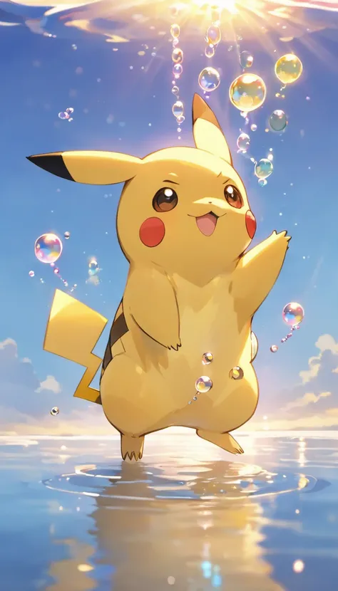 Touching scene of Pikachu making a wish on the shore of a tranquil lake in ultra-high definition 3D. Pikachu, Beautifully rendered down to the smallest detail, Bubbles are seen gently blown into the air, Each has a wish of hope. Bubbles capturing the refle...