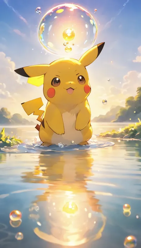 Touching scene of Pikachu making a wish on the shore of a tranquil lake in ultra-high definition 3D. Pikachu, Beautifully rendered down to the smallest detail, Bubbles are seen gently blown into the air, Each has a wish of hope. Bubbles capturing the refle...