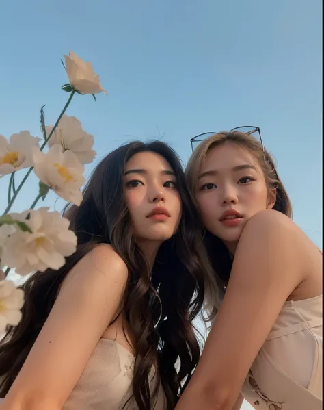 two women in white dresses posing for a picture with flowers, profile pic, with ivy, taejune kim, tumblr, nixeu and sakimichan, inspired by Wang Duo, # oc, #oc, ulzzang, choi, sfw, two models in the frame, blooming, korean artist, 📷 mungojerrie and rumplet...