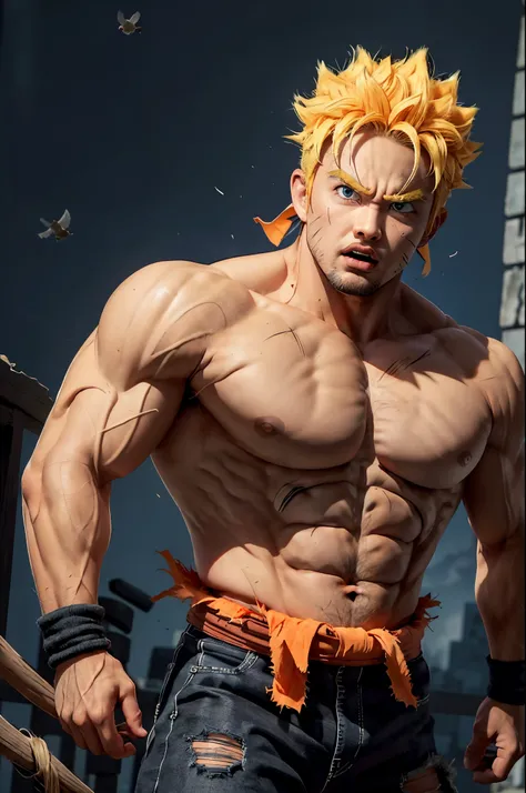 son goku，1 boy，close your mouth，malefocus，musculous，Big muscle man，Rochas，obi strip，Serious，独奏，sparrow hair，Topless male，Torn clothes，ultra instinct，黑The eye，combed blonde hair，（（tmasterpiece））