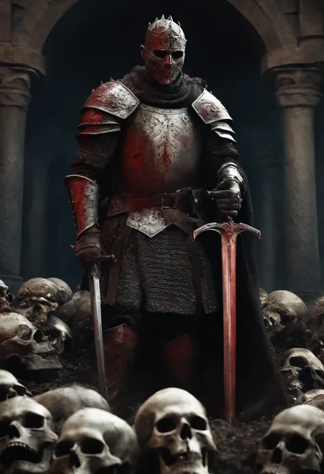 A close-up of the zombie knight standing amidst a pile of skulls, holding a bloodied sword with a menacing expression on her face.,Game of Thrones TV series,7 feet tall, dead skin, red eyes. the mountain, gregor clegane from game of thrones