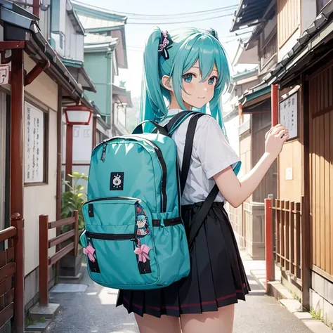 miku hatsune,10yaers old,Hachikuji Temple True Night,a school bag,School route,Looks Back,Colossal tits