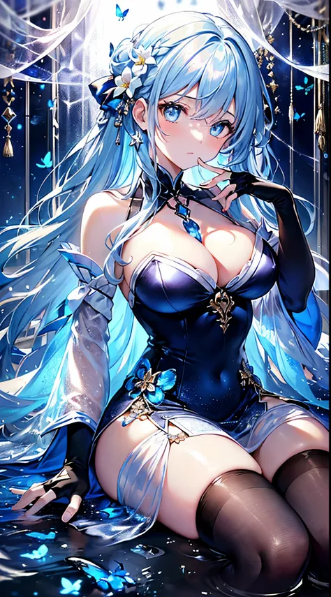 (down view),dynamic angle,ultra - detailed, illustratio, closeup cleavage, direct, 1个Giant Breast Girl, (fanciful:1.4), (skyblue eyes:1.233),Her eyes sparkle like dreamy stars,(glowing light eyes:1.233),(美丽细致的眼睛:1.1),(silber hair:1.14),(messy  hair,Very lo...