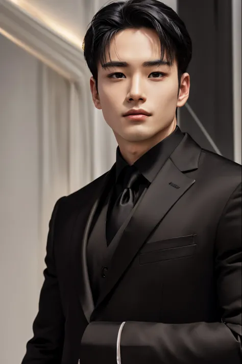 oppav3, (masterpiece, ultra quality, high resolution, 8k, intricate: 1.2), (detailed face:1.2), (wearing black suit:1.5), handsome, detailed skin, pores, absurdres, hunk, 1boy, male focus, ((realistic)), good lighting quality, muscle veins, ((pale skin)), ...