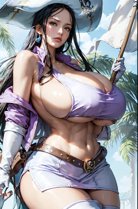 (generate nico robin from one piece anime with (((gigantic breast:1,9))) wearing (purple tanktop and white jacket, white skirt and white leather boots) showing her (cleaveage) (add:pirate flag), beautifull face, pretty face, beautifull eyes, beautifull nos...