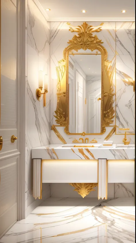 there is a bathroom with two sinks and a large mirror, gold and luxury materials, exquisite marble details, elegant and refined, marble and hint gold, delicate detailing golden stroke, mirror and glass surfaces, white marble and gold, white marble with gol...