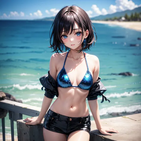 realisitic、top-quality、1girl in、 Black short hair, Medium bob、blue eyess、(((Open your clothes)))  ,Blue Sequin Bikini、Medium chest