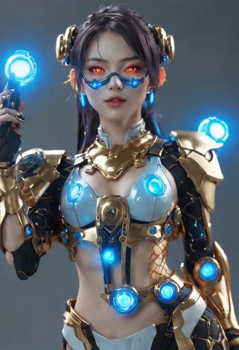 Jinx1024, Game character design，3D character rendering，(((pixar-style)))，League of Legends Jinx，((1girl，Blue double ponytail，Red eyes，big laughter，future warrior，Mechanical Warframe，Decorated with luminous lines and rivets，With streamer effect or LED light...