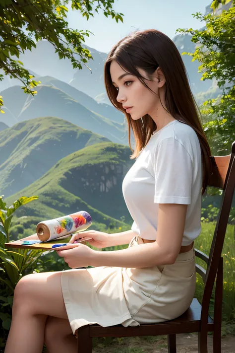 A young woman sits on a chair and paints an oil painting from the side, full of colors amidst nature.