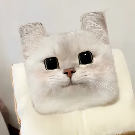 A white cat with big eyes sits on the pillow, Realistic anime cat, Big head and big eyes, cat head, One cute cat, feline face, smol furry cat wearing smol hat, Cute cat, anime cat, Clear and cute face, With cute doting eyes, Kawaii cat, a cat is smiling, t...