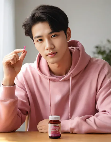 An Araf man sits at a table with a bottle of vitamin pills., South Korean Man, yanjun chengt, Young man in a purple hoodie, Li Zixin, kim doyoung, Wearing a pink hoodie., Ryangia, Ross Tan, handsome, sha xi, young man with medium - length, Hyungtae, olchas...